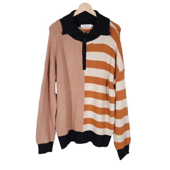 Thread Sweaters - Thread Virginia Polo Sweater Large Orange Black Stripe Colorblock Partial Zip